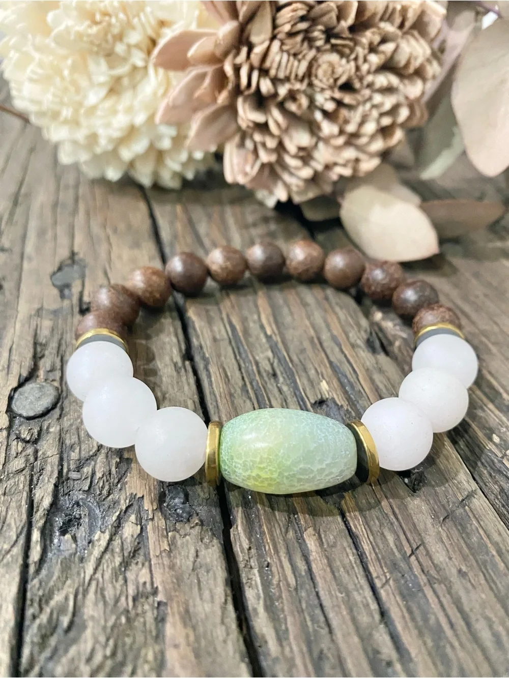 Sandalwood and Quartz Bead Stretch Bracelet, Gold & Green Glass Accents